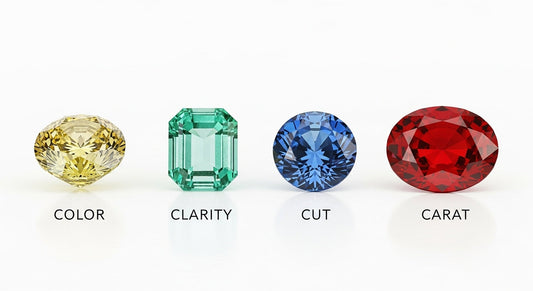 Four gemstones on a white background labeled with the 4Cs—color, clarity, cut, and carat—illustrating quality factors