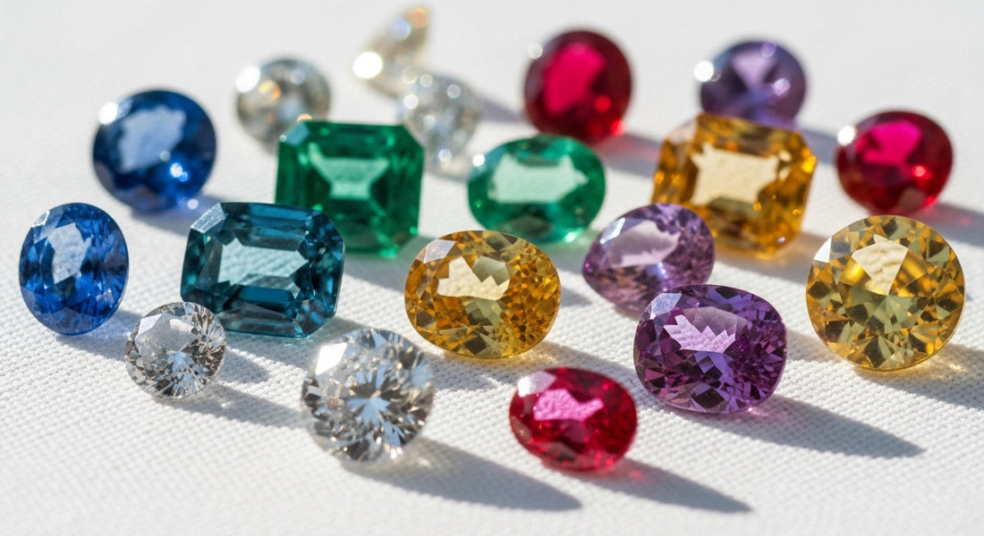 Different gemstone shapes including round, oval, cushion, emerald and pear arranged on a white linen surface