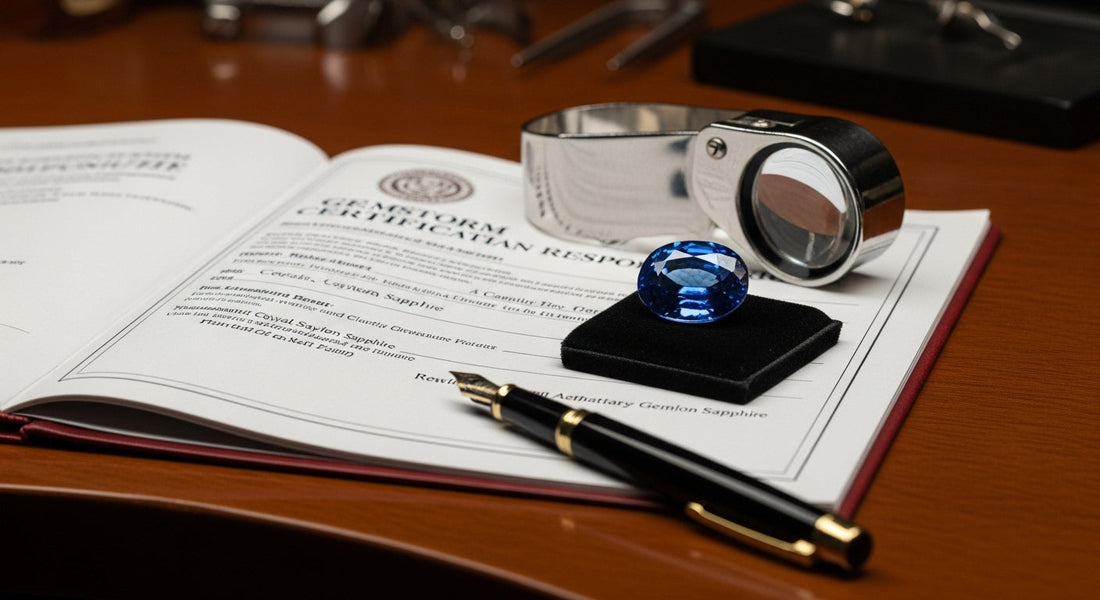 Gemstone certification report next to a vivid royal blue Ceylon sapphire on a jeweler’s table, with magnifying loupe and pen beside it