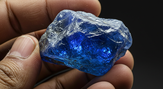 Raw royal blue sapphire rough stone close-up
