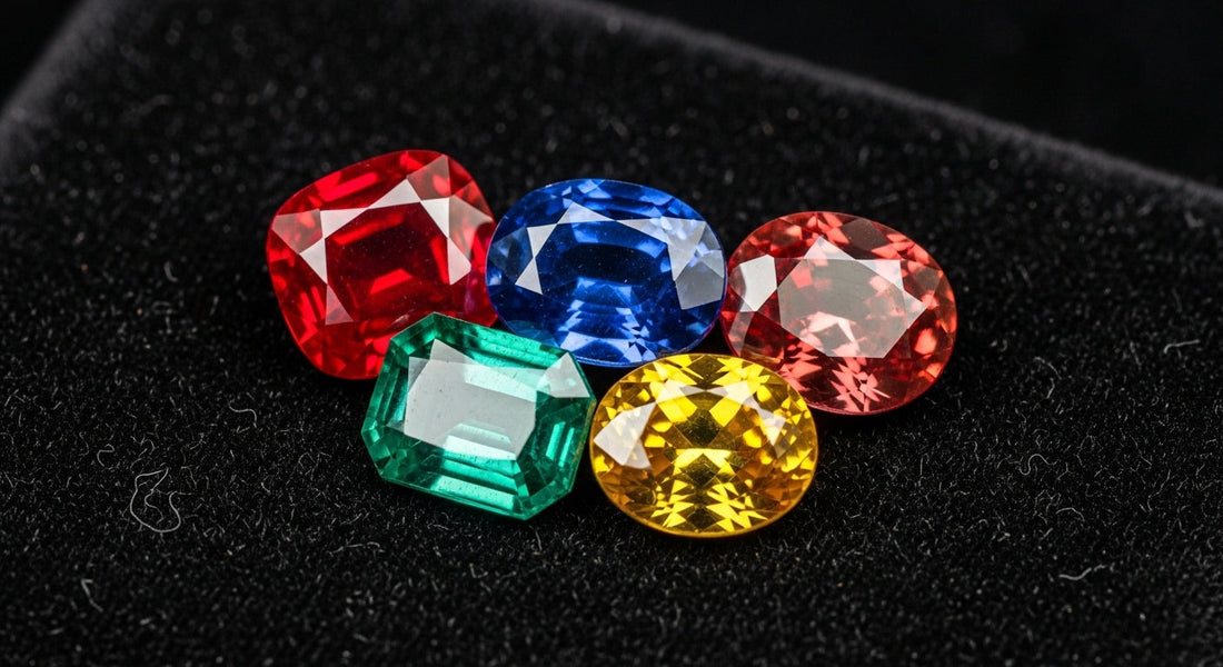 Natural Ceylon gemstones including royal blue sapphire, ruby, emerald, and padparadscha sapphire displayed on black velvet under natural light