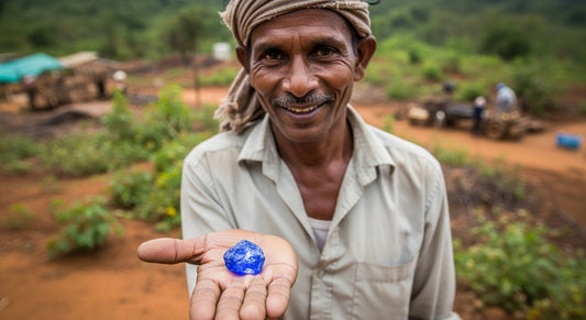 sri lankan minder holds ceylon blue sapphire rough stone