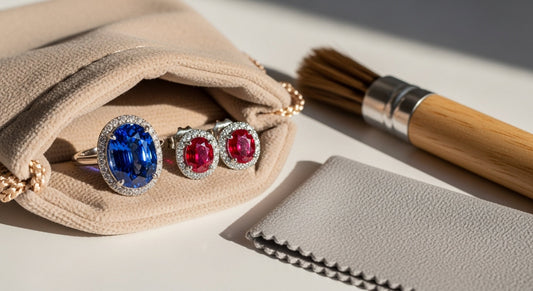 Soft jewelry pouch with a vivid royal blue sapphire ring and matching ruby earrings, placed beside a cleaning brush and microfiber cloth