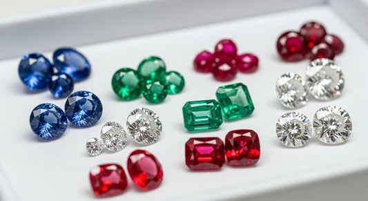 Selection of loose gemstones in different cuts—round, oval, emerald, and cushion—arranged on a jeweler’s white tray under bright lighting