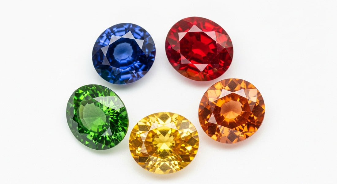 Collection of colorful gemstones including sapphire, ruby, and padparadscha